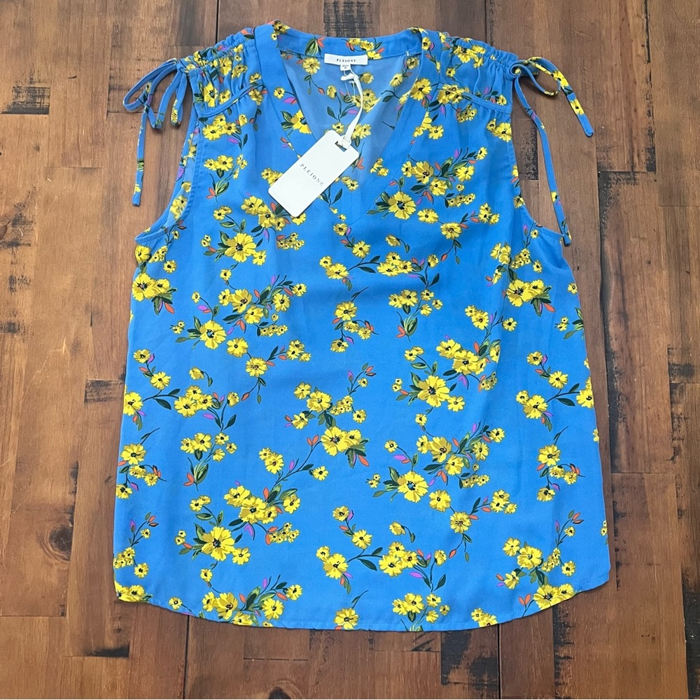 Anthropologie Pleione Woven Boho Top Shirt Peasant Blouse M Floral Blue